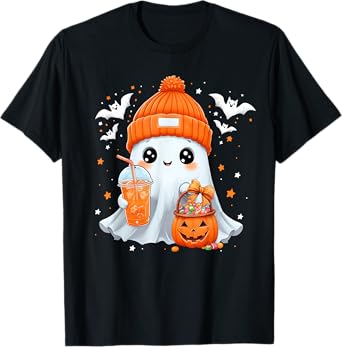 Cute Halloween Ghost Drink Pumpkin Spice Beanie Girl Women T-Shirt