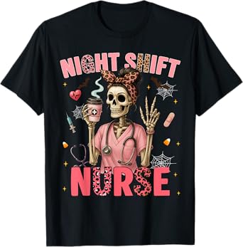 RN ICU Night Shift Nurse Skeleton Halloween Costumes Womens T-Shirt