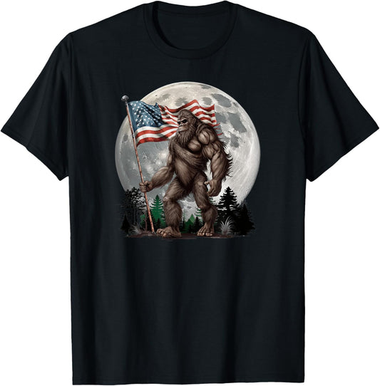 Bigfoot Sasquatch - American Flag Full Moon Patriotic T-Shirt