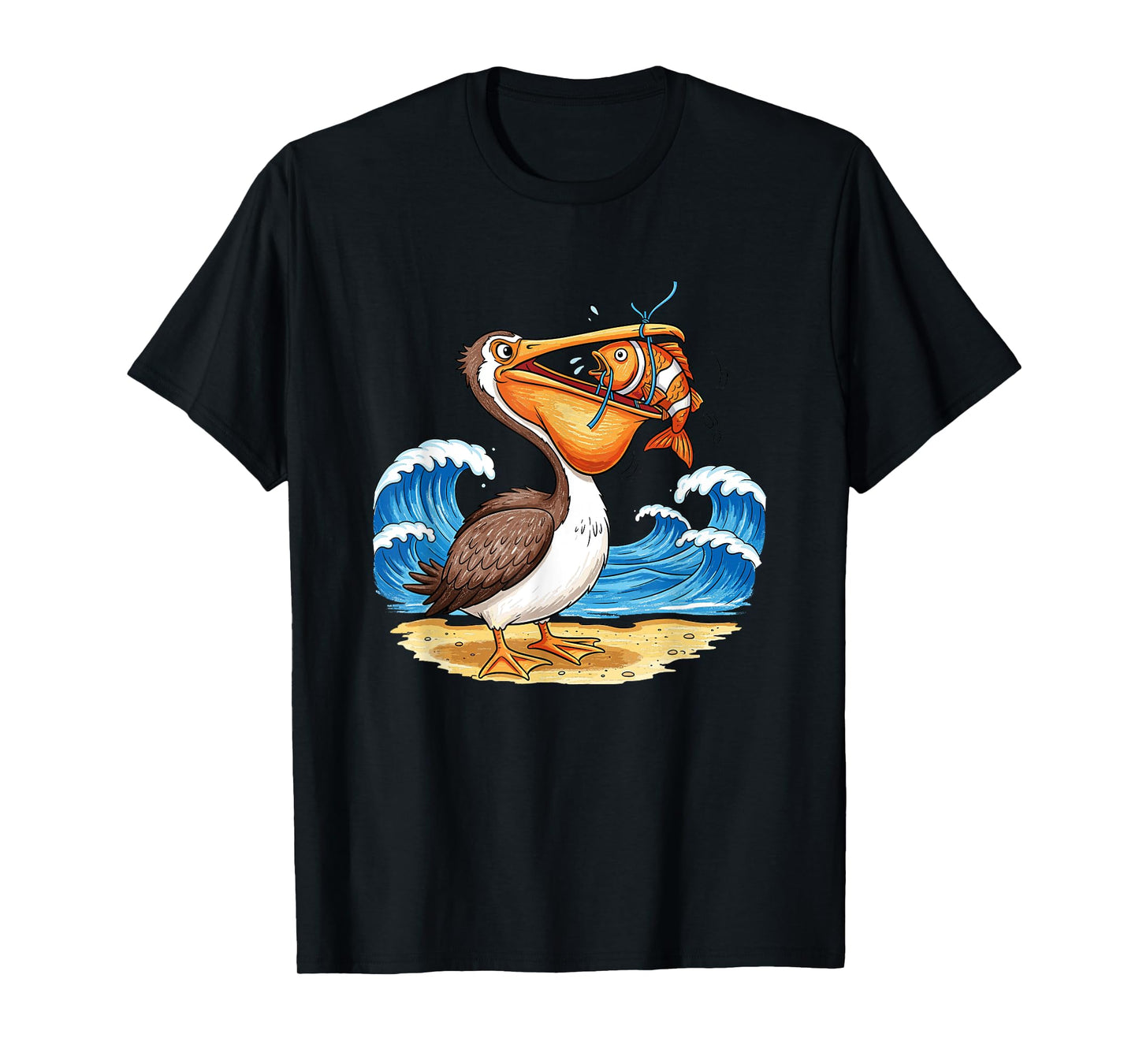 Pelican Catching Fish Beach Waves Scene T-Shirt