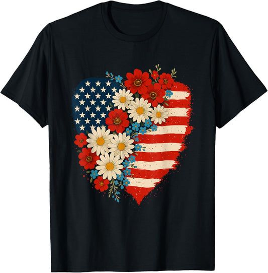 Floral American Flag Heart 4th Of July Usa Patriotic T-shirt