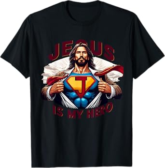 Jesus Is My Superhero Religious Christian Catholic Rizzen T-Shirt, Small, Black
