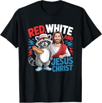 Red White And Jesus Christ Raccoon Hotdog Independence Day T-Shirt