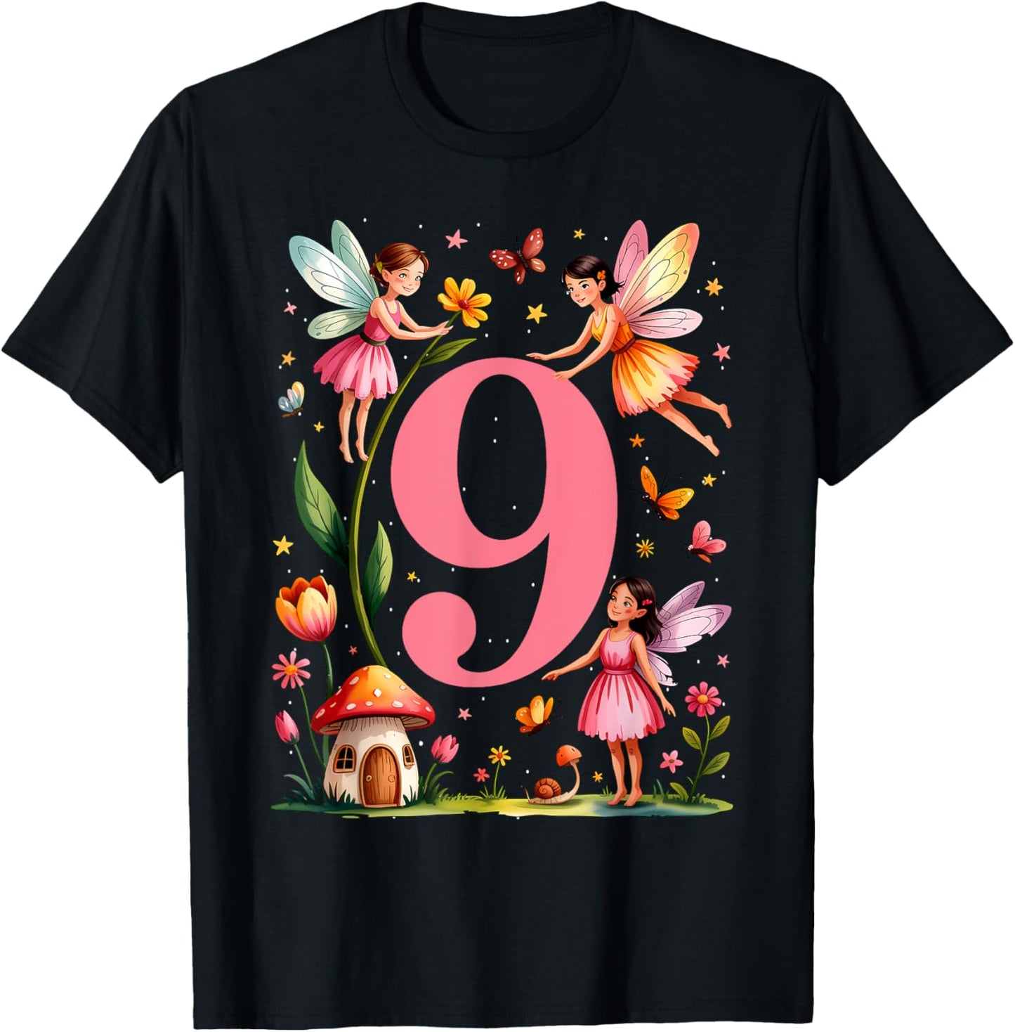 Fairy 9th Birthday Girl Butterfly Mushroom 9 Year Old Bday T-Shirt
