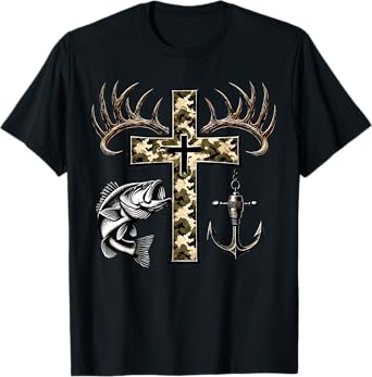 Hunting Fishing Cross Camo Faith Christian Fisherman Hunter T-Shirt