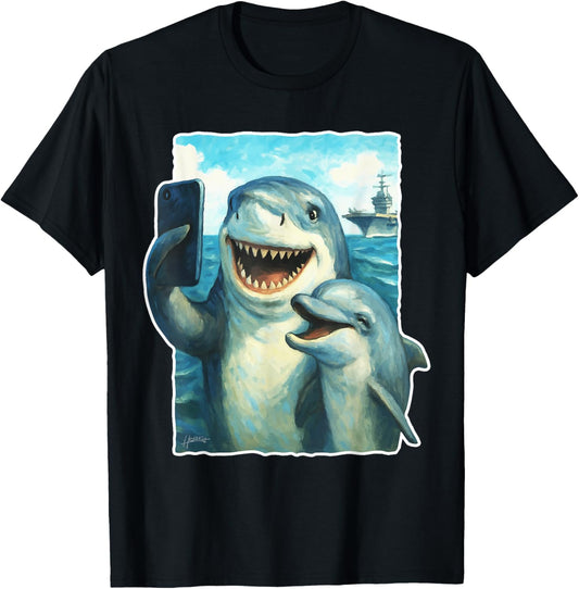 Funny Shark and Dolphin Taking Selfie with Aircraft Carrier T-Shirt