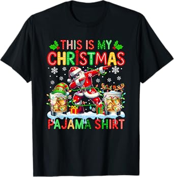 My Xmas Pajama Shirt Santa Dabbing Reindeer Whiskey Glasses T-Shirt