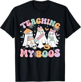 Teaching My Boos Cute Book Ghost Groovy Teacher Halloween T-Shirt for Men Women Kids