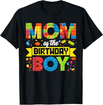 Mom Of The Birthday Boy Master Builder Kids Building Blocks T-Shirt