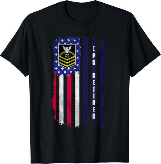 Retired E-7 Chief Petty Officer CPO Rank American Flag Papa T-Shirt