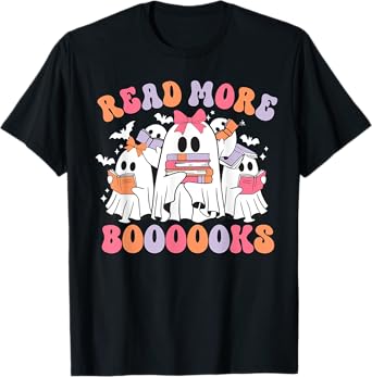 Cute Ghost Book Reading Halloween Funny Books Lover Kids T-Shirt