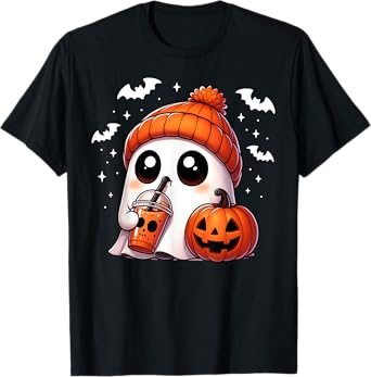 Cute Ghost Coffee Lover Halloween Ghost Pumpkin Spice Womens T-Shirt