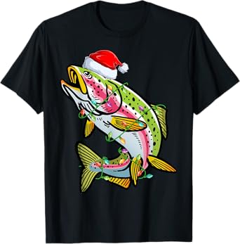 Xmas Lights Santa Hat Rainbow Trout Fish Christmas T-Shirt