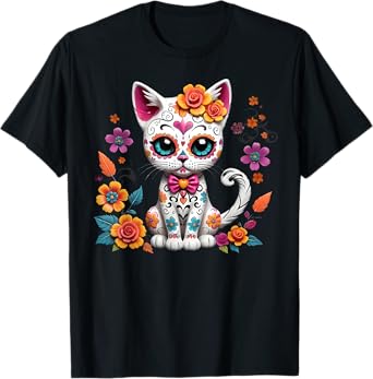 Floral Cat Sugar Skull Day of the Dead Dia de los Muertos T-Shirt for Men Women Kids