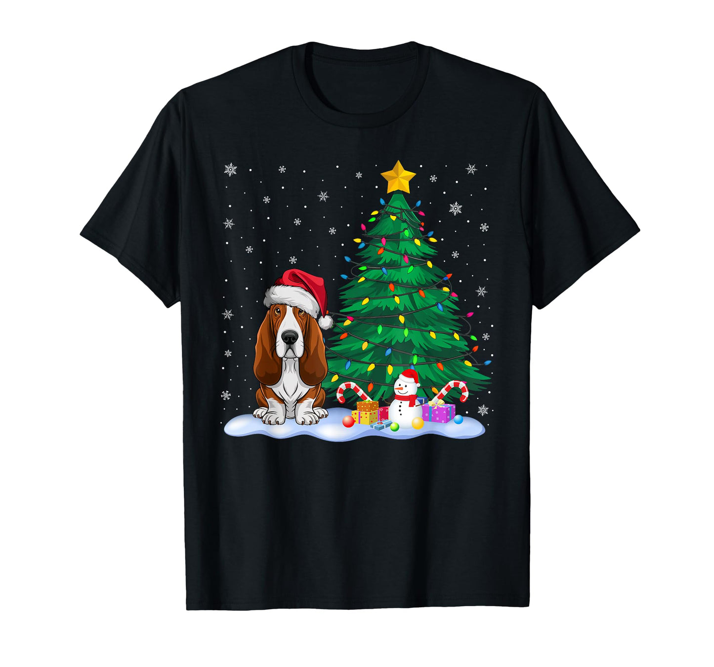 Basset Hound Dog Xmas Tree Lights Reindeer Hat Christmas T-Shirt for Men Women Kids