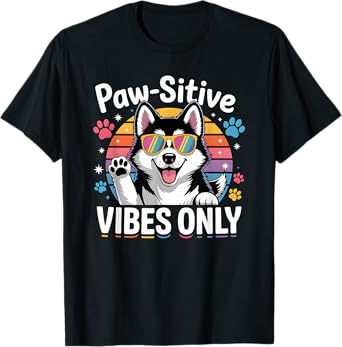 Vintage Siberian Husky Paw-sitive Vibes Only Cute Dog Lover T-Shirt