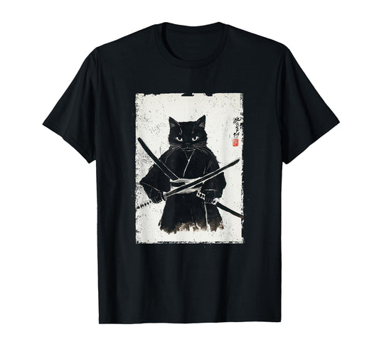 Vintage Samurai Cat Graphic Art Japanese Ukiyo-e T-Shirt