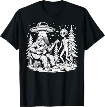 Sasquatch Guitar Alien Ufo Camping Bigfoot Women Men Kids T-Shirt