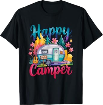Funny Happy Camper Camping Apparel Trailer RV Kids Women T-Shirt