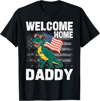 Kids Welcome Home Daddy Dinosaur T-Rex American Flag T-Shirt