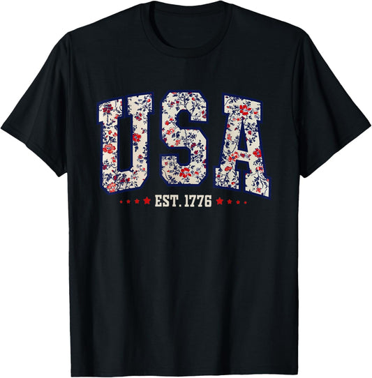 Women Floral Usa Est 1776 Girly 4th Of July American Girl T-shirt