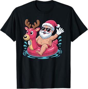Santa Swimming At Pool Christmas in Summer July Beach Party T-Shirt