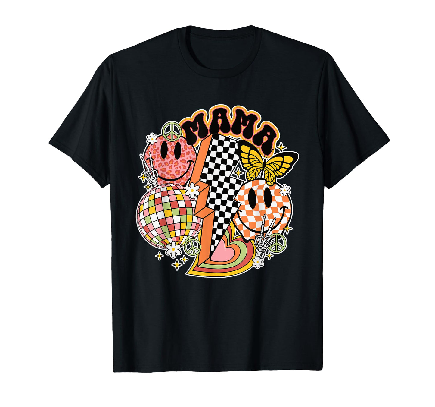 Retro Mama Happy Face Peace Sign Disco Ball Lightning Bolt T-Shirt