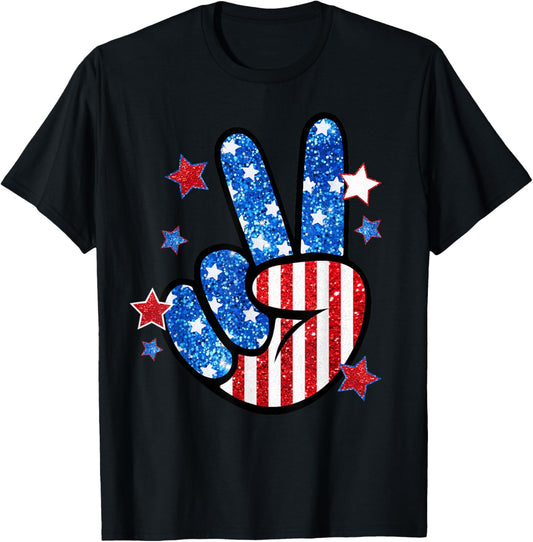 Peace Sign Hand Usa Flag 4th Of July Patriotic Men Women T-shirt