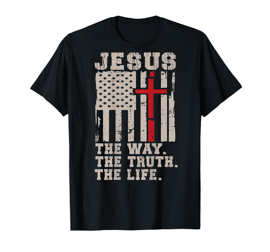Christian Patriotic Jesus Way Truth Life American Flag Cross T-Shirt