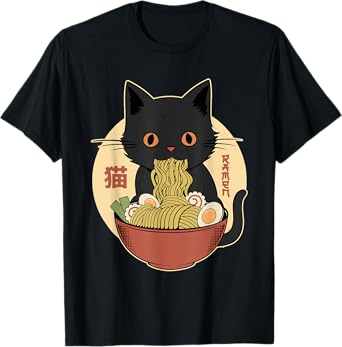 Cat Ramen Funny Graphic Tees Japanese Kawaii Cat Anime T-Shirt