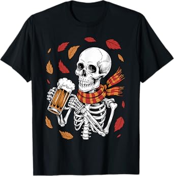 Retro Autumn Skeleton Beer Lover Funny Halloween Costume T-Shirt