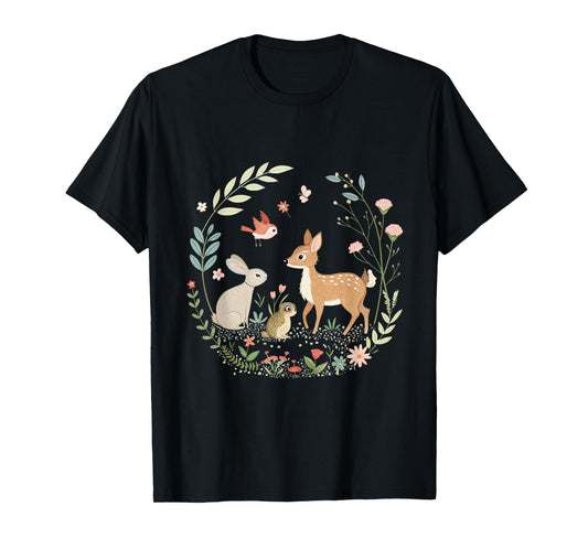Woodland Animals in Cottagecore Garden Fawn Rabbits Songbird T-Shirt