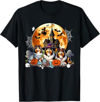 Three Halloween Shetland Sheepdogs As Witch Mummy Zombie T-Shirt
