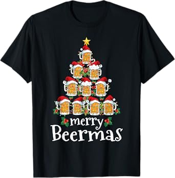 Funny Christmas Shirt Women Men Merry Beermas Beer Mug Tree T-Shirt
