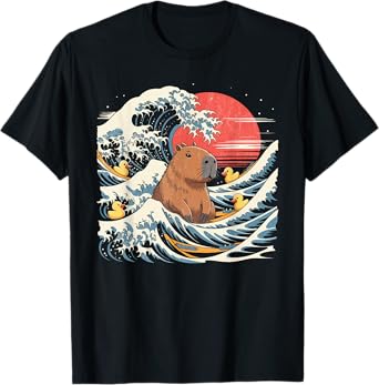 Capybara in Waves with Ducks Funny Graphic Tee Men Women T-Shirt