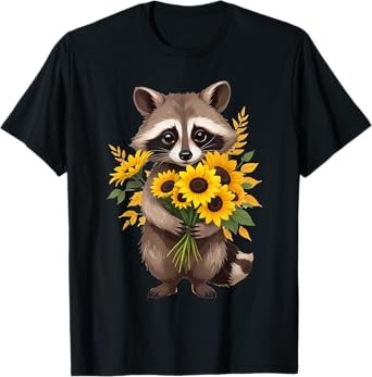 Raccoon Holding Sunflower Cute Flower Mothers Day T-Shirt
