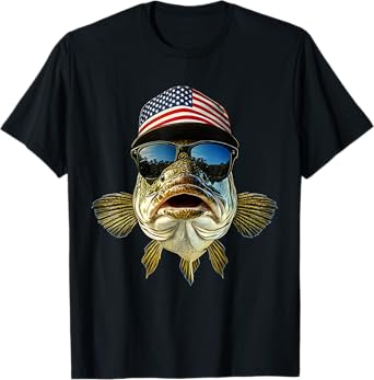 Bass Fishing Tee USA Flag American Hat Sunglasses Fisherman T-Shirt