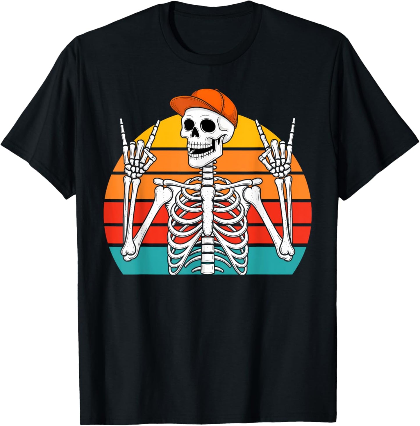 Halloween Rocker Skeleton Cap Cool Punk Rock Men Boy Vintage T-Shirt