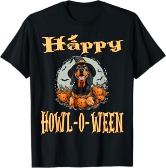 Black And Tan Coonhound Dog Whitch Hat Halloween Pumpkin Men Women Kids T-Shirt