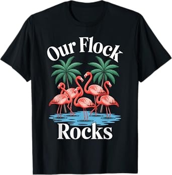 Flamingo Our Flock Rocks Cute Pink Bird Palm Tree Vacation T-Shirt