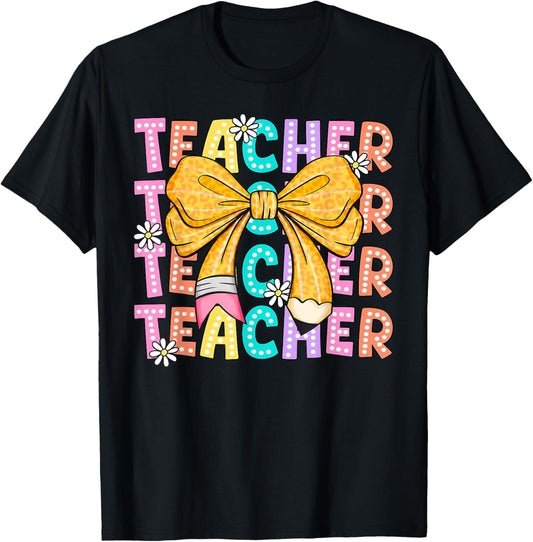 Coquette Bow Teacher Student Happy First Day Back To School Tee by TeeBrew