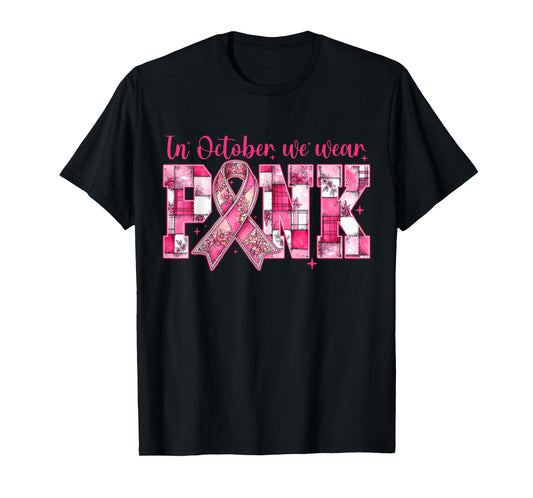 in October We Wear Pink Breast Cancer Awareness Coquette Bow T-Shirt