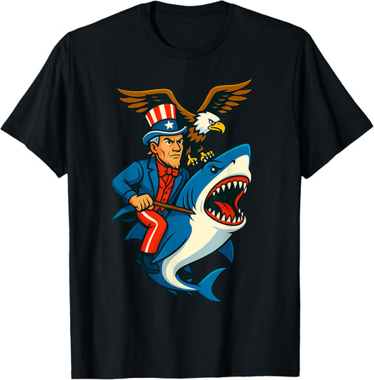 Eagle Uncle Sam Riding Shark 4th of July Patriotic Men Boys T-Shirt