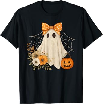 Coquette Ghost Halloween Flower Ghost Spooky Lace Ghost T-Shirt