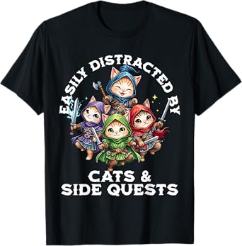 Easily Distracted by Cats and Side Quests Funny Gamer Cat T-Shirt for Men Women Kids