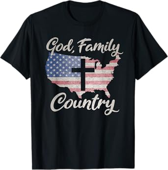 GOD FAMILY COUNTRY Christian Cross Vintage USA American Flag Women Kids Men T-Shirt