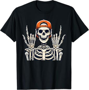 Rocker Skeleton Cap Skater Cool Halloween Punk Rock Men Boys T-Shirt