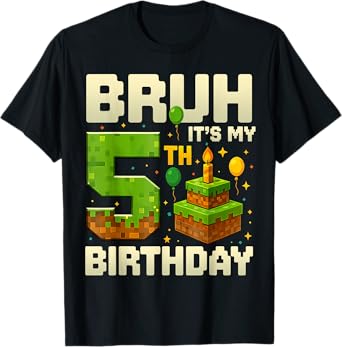 Funny Birthday Boy Bruh It's My 5th Birthday Game Pixel T-Shirt
