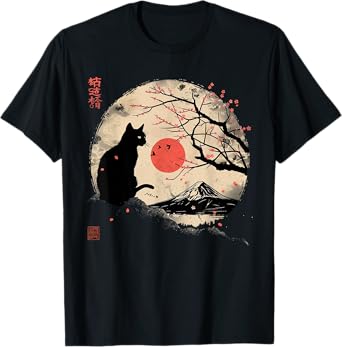 Black Cat Vintage Japan Art Japanese Theme Retro Print T-Shirt