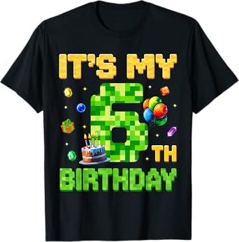 Funny Birthday Boy Kid It's My 6th Birthday Video Game Pixel T-Shirt